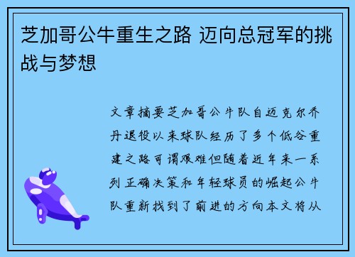 芝加哥公牛重生之路 迈向总冠军的挑战与梦想