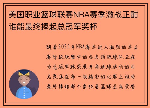 美国职业篮球联赛NBA赛季激战正酣 谁能最终捧起总冠军奖杯